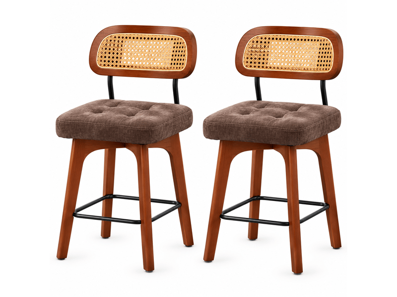 Lot de 2 tabourets de bar pivotants 360° marron chenille, dossier en rotin - Conforama A