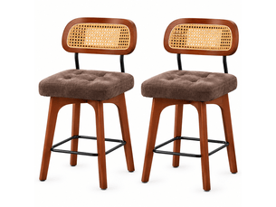 Lot de 2 tabourets de bar pivotants 360° marron chenille, dossier en rotin