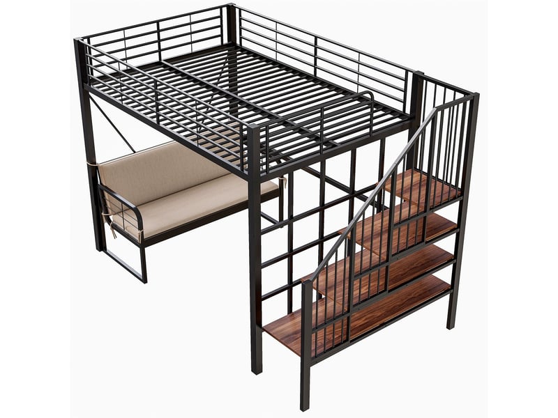  Lit mezzanine 140x200cm métal noir avec canapé amovible, escalier rangement - lit double - gain de place, sécurité adulte et enfant  - Conforama E