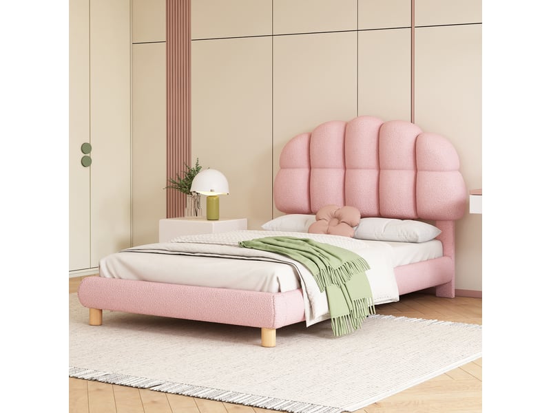  Lit simple enfant 90x200cm capitonné, sommier à lattes bois, imitation non-tissé, style élégant, rose  - Conforama D