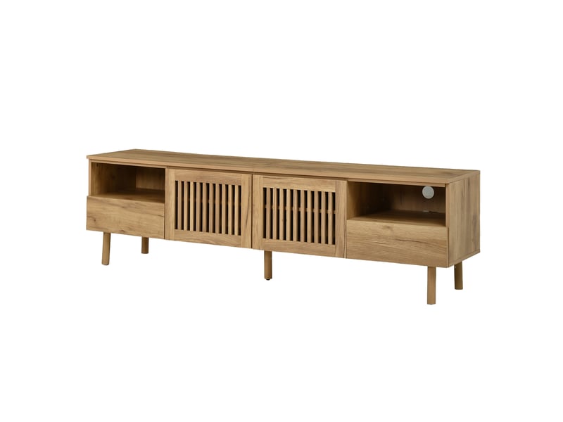  Meuble tv 180 cm en mdf, 2 portes ajourées, 2 tiroirs, pour écran 55 à 75 pouces, bois naturel  - Conforama A