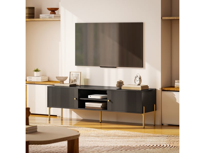  Meuble tv design - 2 portes, 2 niches - piètement poignées métal doré façade rainurée noir  - Conforama D