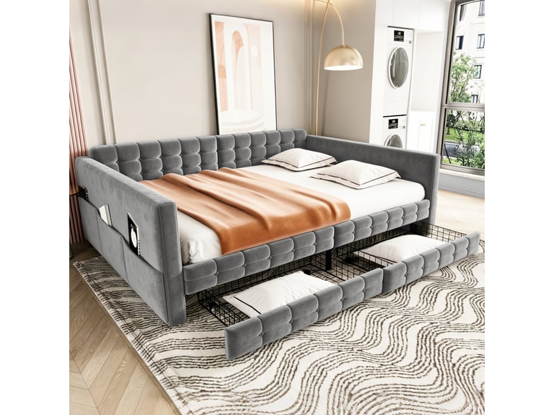  Canapé-lit 140x190 cm, lit d'appoint, couchage d'appoint, 2 tiroirs, velours gris  - Conforama A