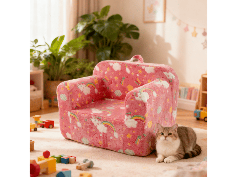  Canapé enfant rose arc-en-ciel, fauteuil mousse avec poignées de transport et poches latérales, léger  - Conforama E