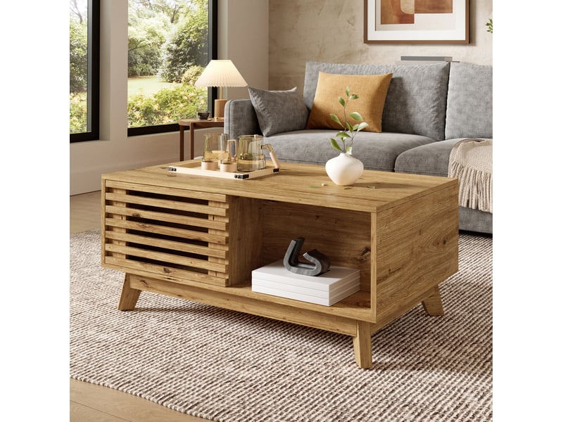  Table basse moderne rétro avec plateau relevable et porte coulissante à lamelles, aspect bois, mdf  - Conforama B