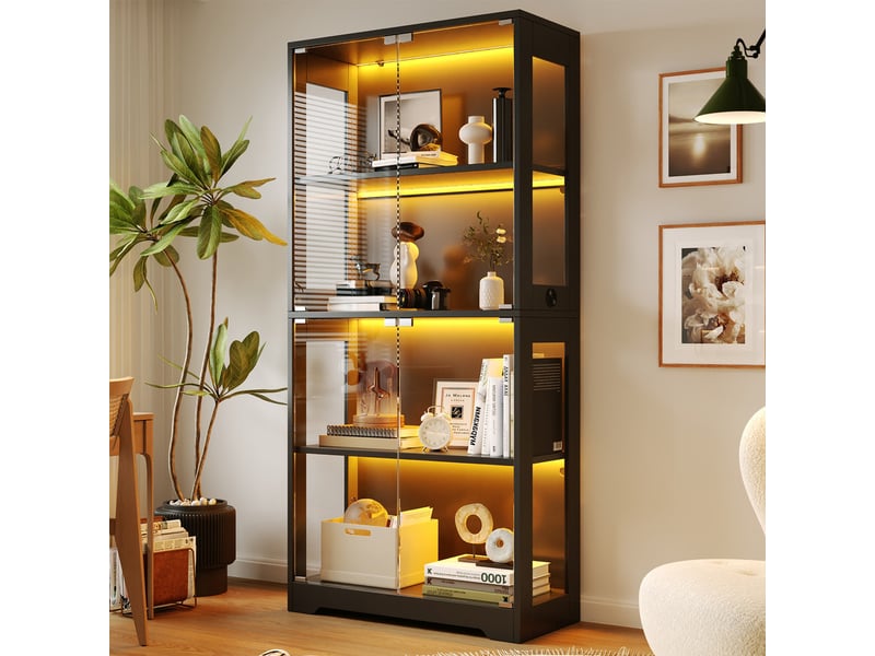 Vitrine led en verre trempé, 3 couleurs, capteurtactile, socle rond, parois acrylique, push-to-open, 80x35x160cm, noir - Conforama D