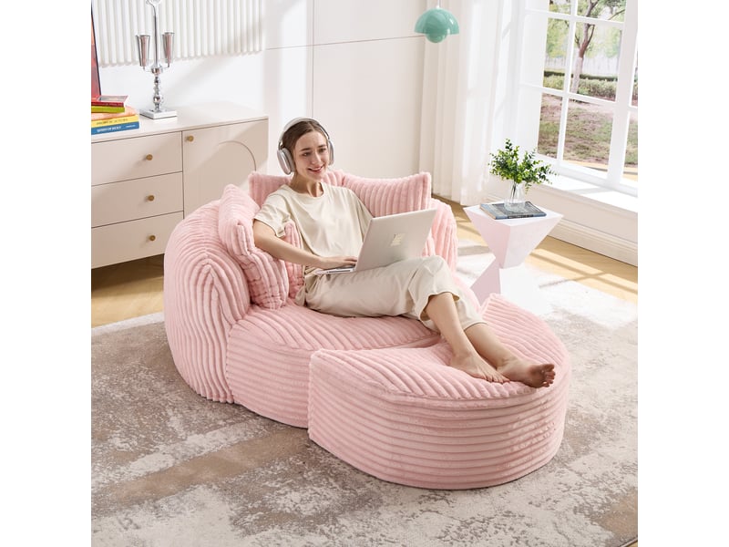  Fauteuil 1 place - 168x123x63 cm - canapé rond crapaud velours côtelé avec repose-pieds et 5 coussins sans montage - rose  - Conforama C