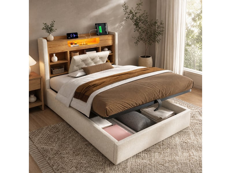  Lit coffre simple 90×200 cm avec led, usb et type-c - okmyhome- tête de lit à étagères, sans matelas, beige  - Conforama B