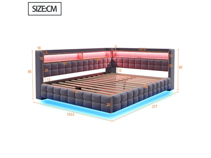  Lit banquette enfant coffre 140 x 200 cm avec led, usb, usb-c, prise et étagères, velours gris foncé Fay Lum - Conforama C