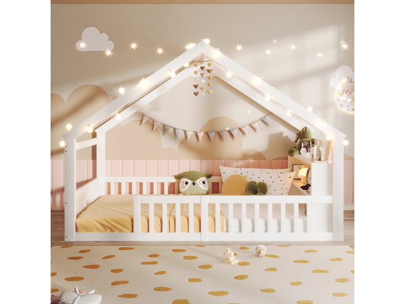 Lit cabane enfant 140x190 cm en bois de pin blanc avec barrières de sécurité et étagères, design minimaliste (sans matelas) - Conforama E