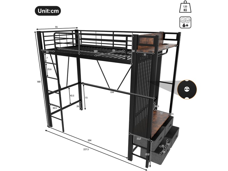  Lit mezzanine 90 x 200 cm 4 tiroirs tablettes barre porte-vêtements prises usb type-c led métal mdf noir sans matelas  - Conforama C