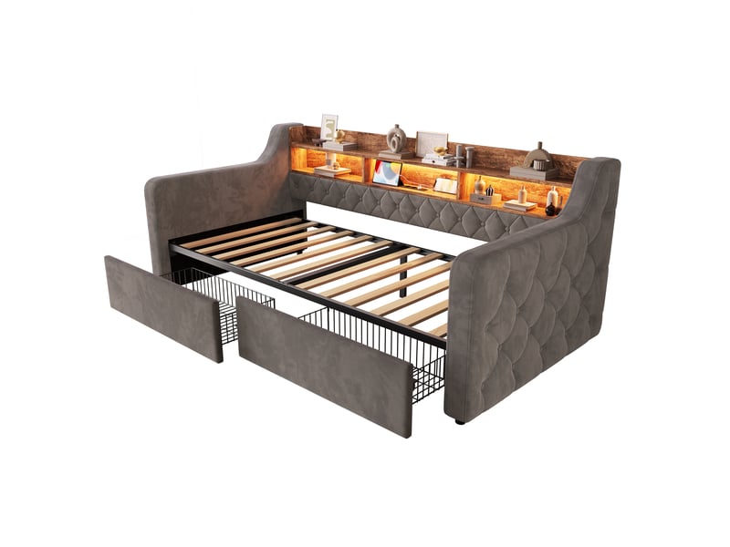  Lit 90 × 190 cm en velours gris foncé, led, usb-c et 2 tiroirs IKSETERA TRADING LTD - Conforama A
