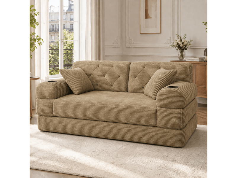  Canapé droit convertible 2 places en velours côtelé kaki 168 x 80 x 81 cm, dossier haut, porte-gobelets, salon 168x80x81cm - Conforama B