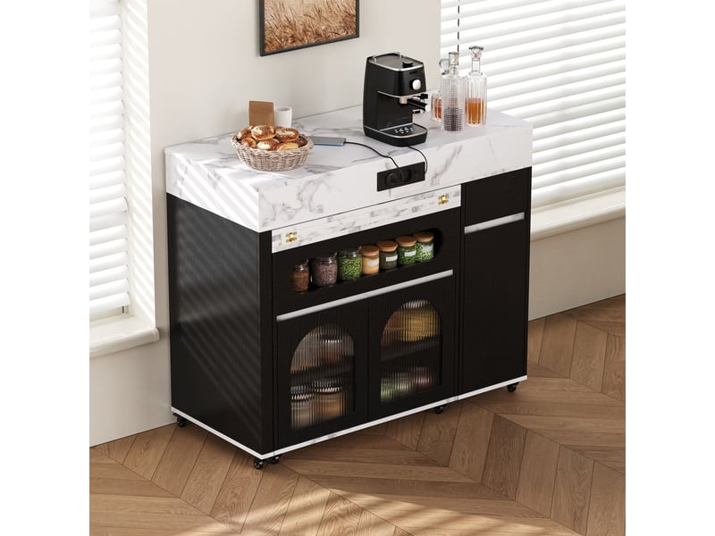 Table à manger îlot table de cuisine extensible bloc multiprise verre cannelé 1 tiroir sur roulettes buffet d'appoint noir - Conforama B