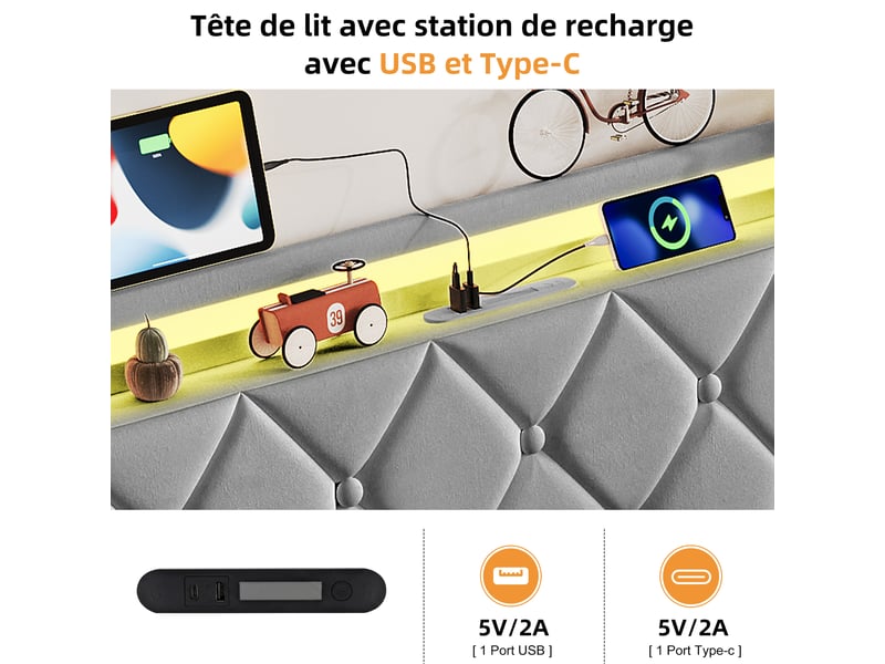  Lit coffre 140x200 cm avec led rgb,usb et type-c, lit double en velours gris ,hydraulique,grand rangement,sommier inclus  - Conforama D