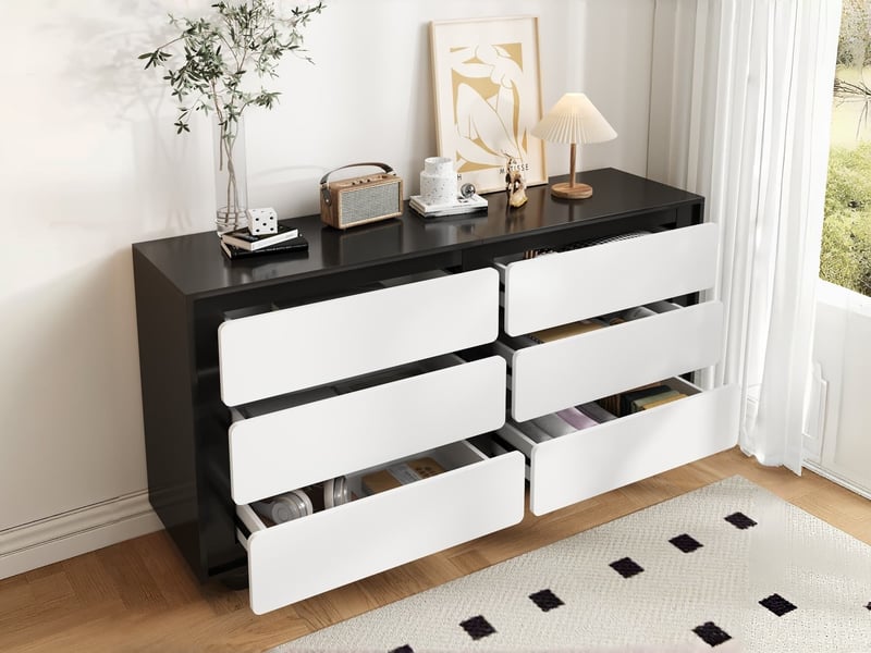  Commode à 6 tiroirs, 140 × 38 × 74,5 cm, design moderne noir et blanc, tiroirs aux angles arrondis, pieds en métal  - Conforama B