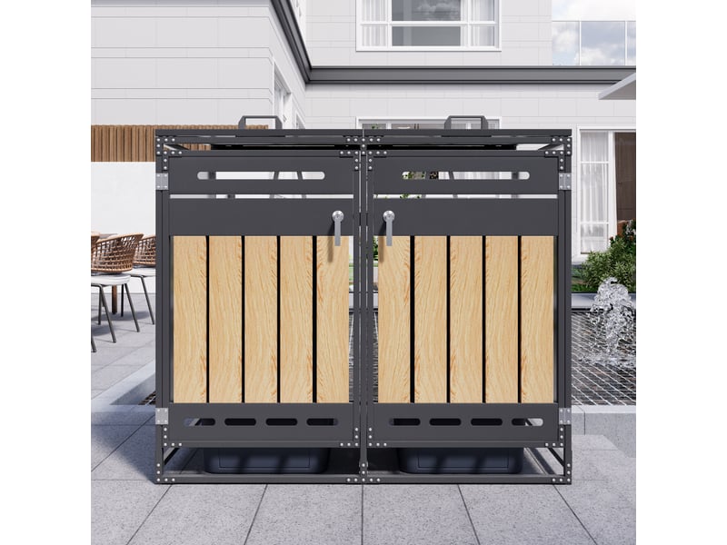  Coffre à poubelles extérieur deux compartiments - couvercle hydraulique, revêtement vertical imitation bois, ventilation perforée, armoire en fer verrouillable  - Conforama B