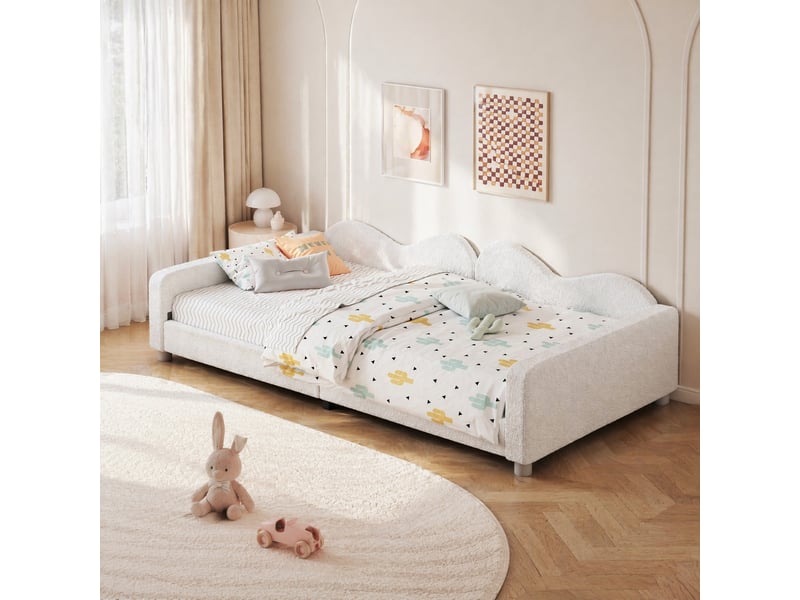  Lit banquette enfant 90x200 cm en tissu teddy blanc avec sommier à lattes  - Conforama B