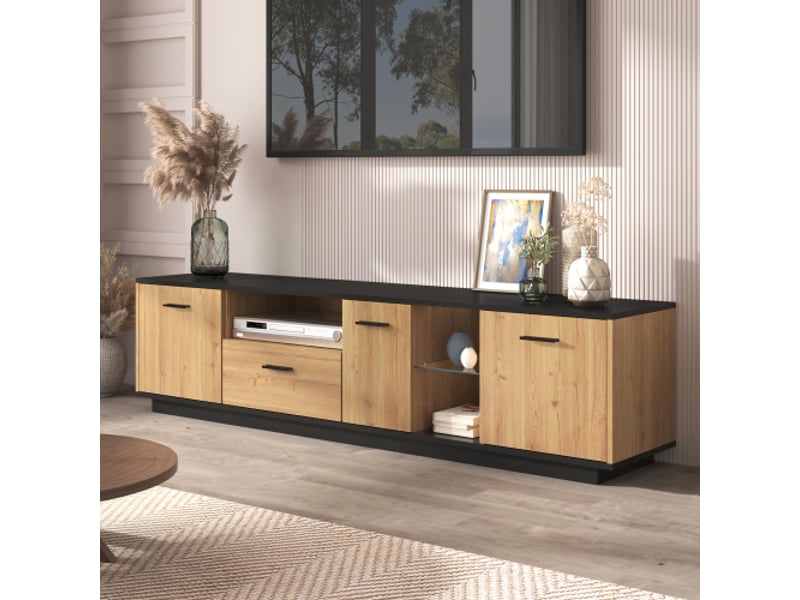  Meuble tv bas noir et bois naturel, led 16 couleurs, 3 portes, 1 tiroir et niches en verre  - Conforama E