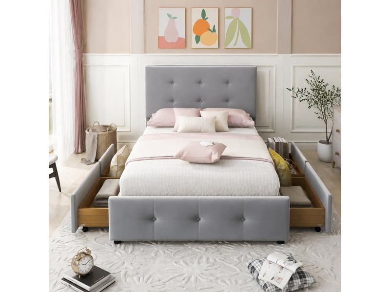 Lit simple 90x200 cm avec tiroirs, sommier à lattes et tête de lit réglable gris - Conforama B