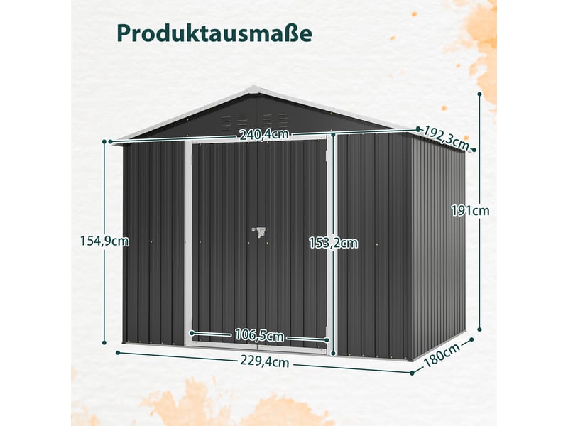 Abri de jardin en métal 240,4 x 192,3 x 191 cm, rangement extérieur avec double porte verrouillable, 4 aérations, base renforcée, noir Luxe haut de gamme - Conforama C