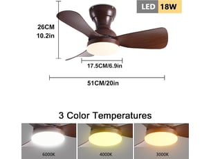 Ventilateur de plafond avec éclairage led 51 cm, 6 vitesses, moteur dc réversible, télécommande, design compact(noyer)