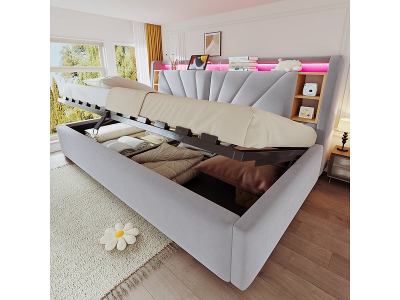 Lit coffre rembourré 90 x 200 cm – avec étagères – avec compartiments de rangement – avec éclairage led et port usb – gris clair (matelas non inclus) - Conforama E