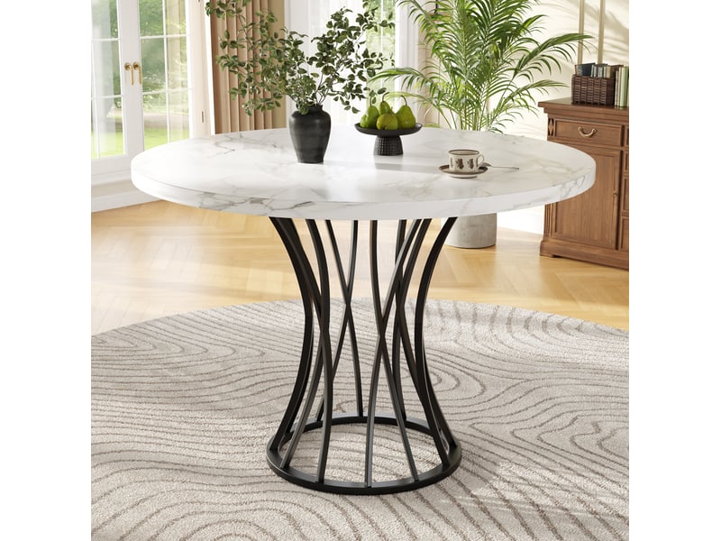  Table ronde 80x80x76cm avec pieds métalliques, finition noire, style géométrique, plateau aggloméré, adaptée au salon, motif imitation marbre (non marbre)  - Conforama B