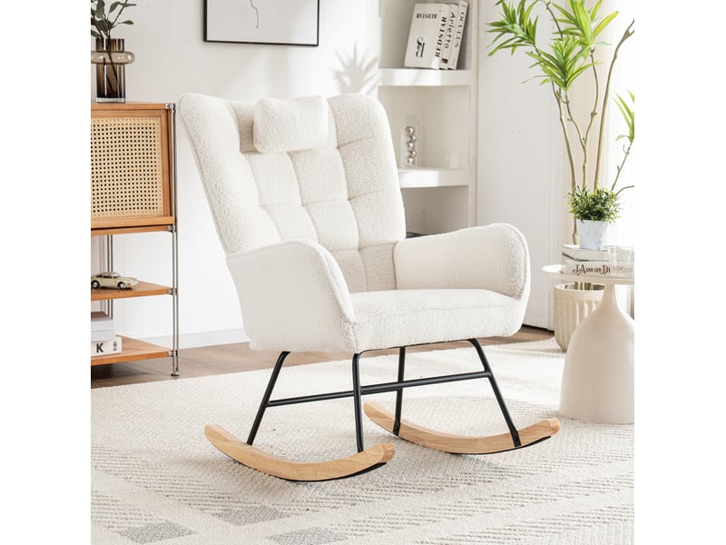  Fauteuil à bascule avec repose-pieds et coussin de tête, tissu bouclé blanc  - Conforama D