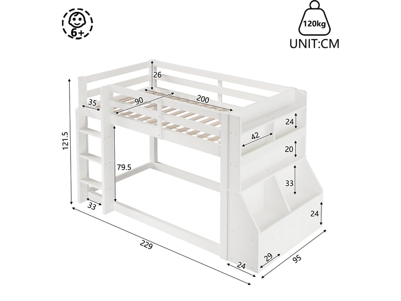 Lit superposé 90x200 cm enfant, lit double avec rangements, étagères, 2 compartiments, led multicolore, espace sous le lit, structure bois blanc  - Conforama E