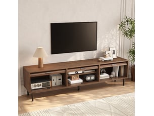 Meuble tv 3 portes coulissantes, 4 niches et 5 pieds métalliques noirs pour salon en mdf noyer 180 × 40 × 55 cm