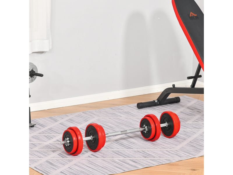  Ensemble d'haltères 2 en 1 de 20 kg, disques avec revêtement plastique anti-rayures, rouge et noir  - Conforama D