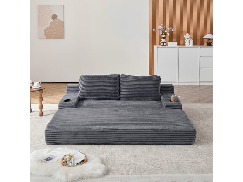 Canapé convertible 2 places avec porte-gobelets, poches latérales et 2 coussins en velours côtelé gris - Conforama E