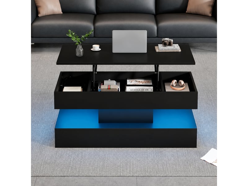  Table basse relevable avec plateau réglable et rangement caché, éclairage led bluetooth, 100 x 50 x 42 cm, noire  - Conforama B