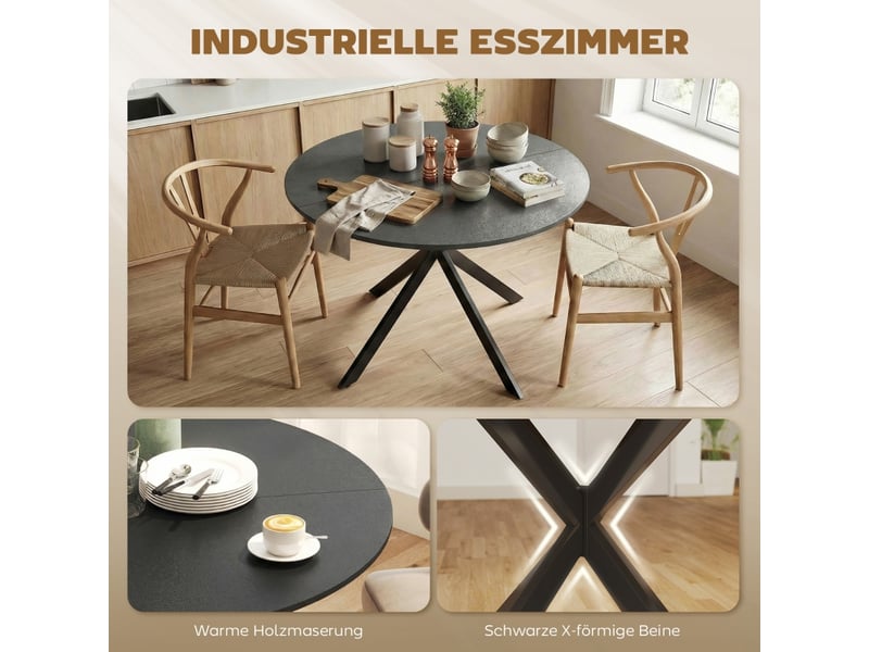  Table de salle à manger ronde pour 4 personnes avec pieds en acier croisés, style industriel, en bois, noir  - Conforama E