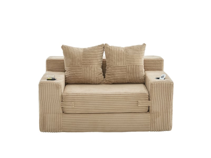  Canapé droit convertible 2 places, en velours côtelé, 2 coussins, porte-gobelet et poches latérales, 151 × 133 × 64 cm, kaki  - Conforama A