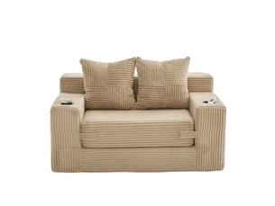 Canapé droit convertible 2 places, en velours côtelé, 2 coussins, porte-gobelet et poches latérales, 151 × 133 × 64 cm, kaki