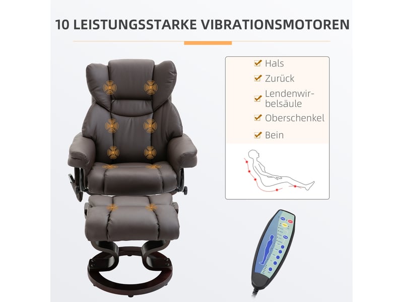  Fauteuil de massage inclinable avec repose-pieds, similicuir marron, 145°, pivotant à 360°, pour salon et coin détente  - Conforama B
