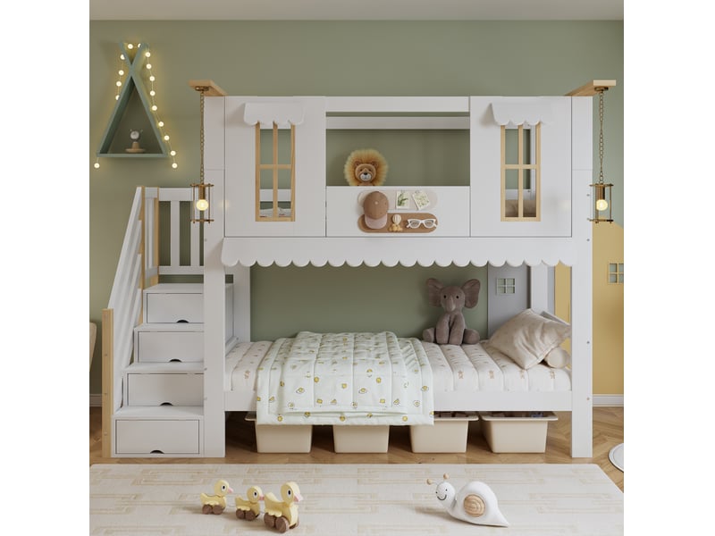  Lit superposé enfant 90x200 cm avec escalier de rangement, blanc et naturel  - Conforama D