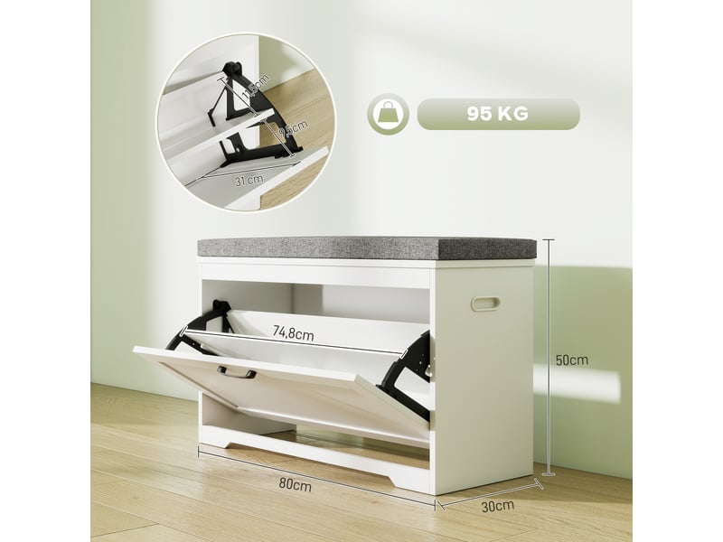  Banc à chaussures, banc d'entrée moderne avec siège rembourré, tiroir basculant et étagère ajustable, 80x30x50cm, blanc  - Conforama E