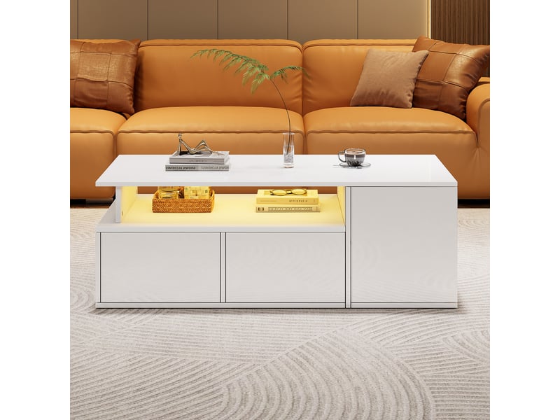  Table basse avec 2 tiroirs, étagère semi-ouverte et 3 compartiments latéraux, led, pour salon, blanc, 100 x 50 x 35 cm  - Conforama D