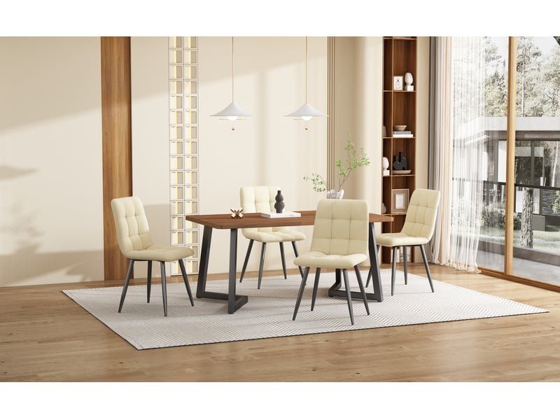  Lot de 5 pièces table et chaises de salle à manger, plateau mdf bois foncé et velours beige, style design moderne  - Conforama E