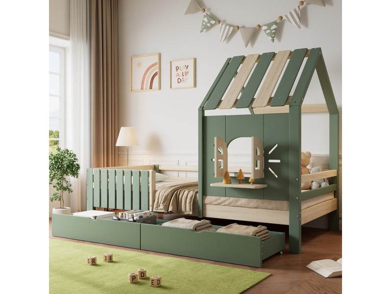  Lit cabane enfant 90x200 cm vert et naturel avec 2 tiroirs  - Conforama D