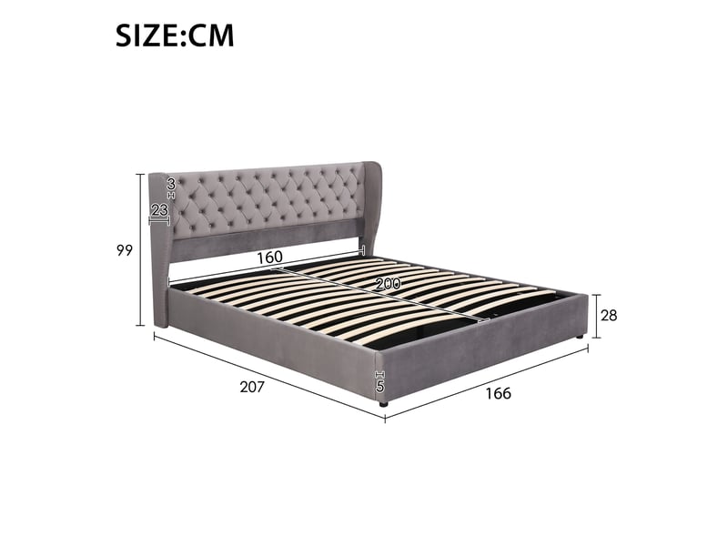  Lit coffre rembourré 160 x 200 cm en velours gris, tête de lit à oreilles capitonnée, sommier à lattes 3068034AAH - Conforama C