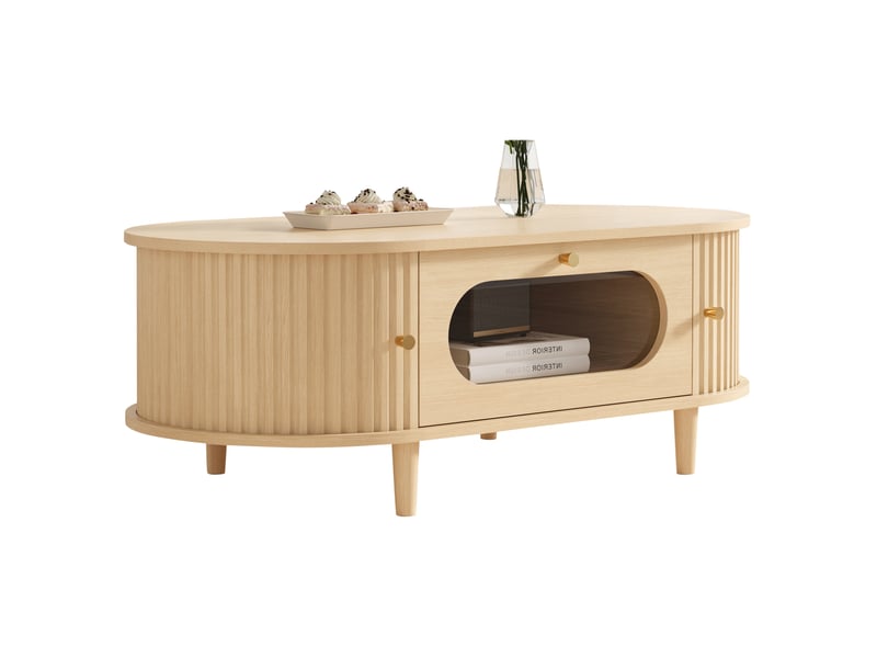 Table basse 100x50x36 cm avec tiroir et 2 portes à rideau, finition chêne - Conforama A