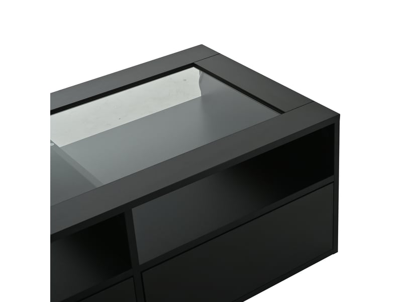  Table basse avec 2 tiroirs, 2 niches led pour salon 100×50×35 cm en verre et panneaux noirs  - Conforama D