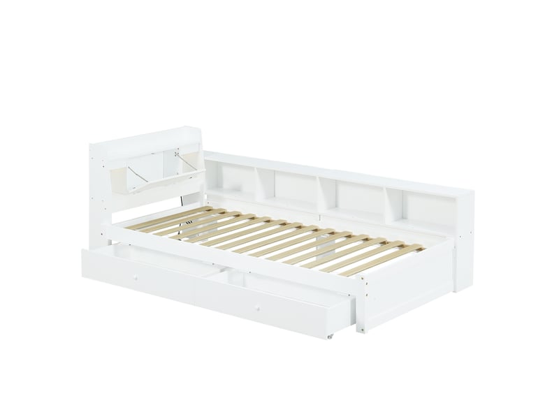  Lit simple 90x200 cm – blanc – rangement tête de lit, éclairage, prise de charge et 2 tiroirs - sans matelas  - Conforama D