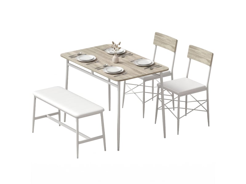  Ensemble table salle à manger avec 2 chaises et banc, assises rembourrées, pour salon, petit espace, chêne et blanc  - Conforama B