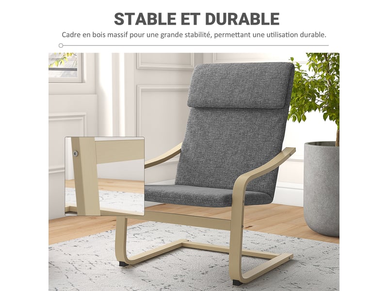  Fauteuil de salon, fauteuil chambre avec accoudoirs incurvés, coussin, tissu aspect lin, gris, 65 x 79 x 98 cm  - Conforama A