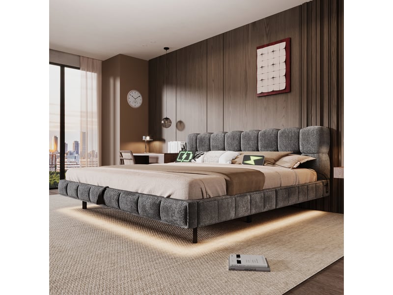  Lit coffre bubble en chenille gris 160x200 cm avec led, usb et type-c Fay Lum - Conforama D